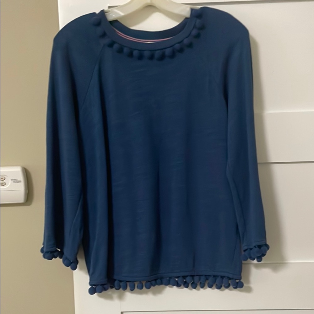 Boden Blue shirt with Pom-Pom Trim